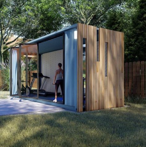 Gym Shed With Sauna, Garden Shed Gym, Small Garden Gym, Garden Gym Ideas, Yoga Shed, Outdoor Home Gym, Gym Shed, Garden Gym, Backyard Gym