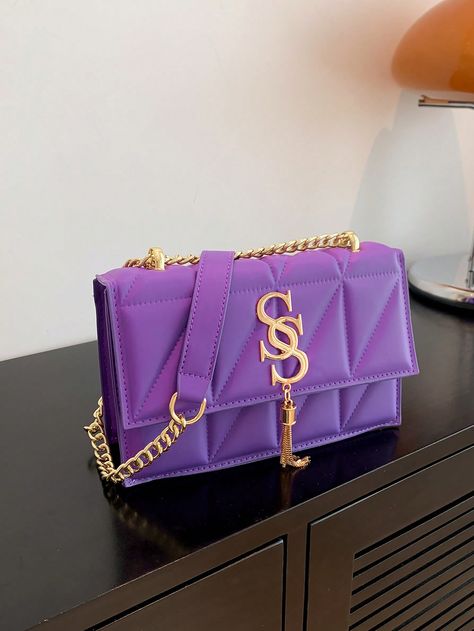 Fashionable Plaid Patterned Clamshell Top Metal Connected Shoulder Crossbody Bag With Tassel & Letter S Decor, Suitable For Various OccasionsI discovered amazing products on SHEIN.com, come check them out! Tassels Decor, Stylish Letters, Stylish Shoulder Bag, Purple Plaid, Plaid Fashion, Purple Bags, Womens Crossbody Bag, Bird In Bag, Bag Bag