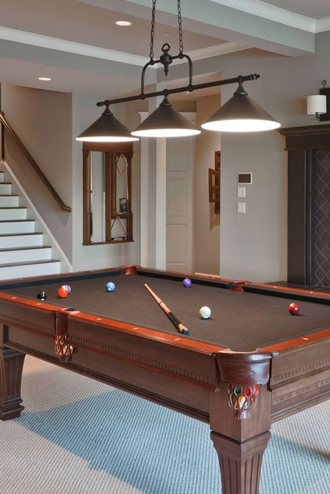 Cool Pool Table Lights to Illuminate Your Game Room - Sebring Design Build Diy Pool Table Light, Pool Table Rooms, Modern Pool Table Lights, Basement Pool Table, Pool Room Ideas, Diy Pool Table, Billard Table, Billiard Table Lights, Pool Table Lights