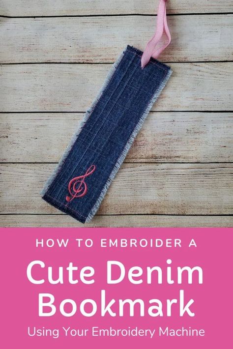 Repurpose denim jeans to make a DIY embroidered denim bookmark using an embroidery machine. A cute, machine emrboidery gift idea. This bookmark was for my daughter's music teacher. Beginner embroidery project tutorial! #machineembroidery #embroideryprojects #upcycle #repurpose #denimjeans #recycle #embroiderytutorials Machine Embroidered Bookmarks, Denim Bookmarks Diy, Denim Bookmarks, Fabric Bookmarks Diy, Crafty Bookmarks, Repurpose Denim, Upcycle Denim Jeans, Embroidery Machine Ideas, Embroidered Bookmarks