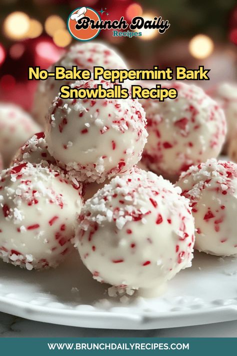 Easy no-bake peppermint bark snowballs for a festive holiday treat! #PeppermintDesserts #NoBakeTreats Peppermint Balls Christmas, Peppermint Bark Snowballs, No Bake Peppermint Bark Snowballs, Peppermint Balls, Snowballs Recipe, Peppermint Treats, Mint Desserts, Christmas Treats For Gifts, Candy Recipes Homemade