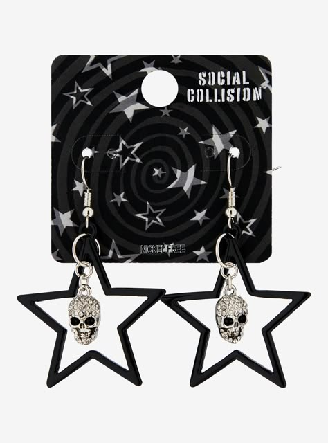 Channel some rock star vibes with these earrings! They feature black star outlines with a central drop charm of a rhinestone skull.1 12" dropsNickel-free alloy; acrylicImported Hot Topic Accessories, Hot Topic Earrings, Scene Earrings, Emo Earrings, Social Collision, Rhinestone Skull, Hot Topic Jewelry, Star Outline, Jewelry Accessories Ideas