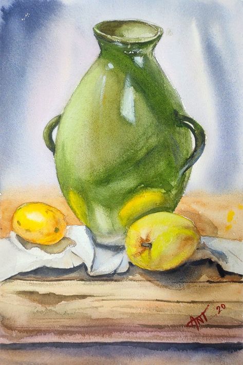 Beautiful Watercolour still life painting//easy still life drawing for beginners, #oilpainting #art #painting #artist #artwork #contemporaryart Easy Still Life Drawing, Vase Painting, Small Canvas Paintings, Still Life Oil Painting, Watercolor Painting Techniques, Impressionism Painting, Still Life Drawing, Green Vase, Watercolor Paintings Tutorials