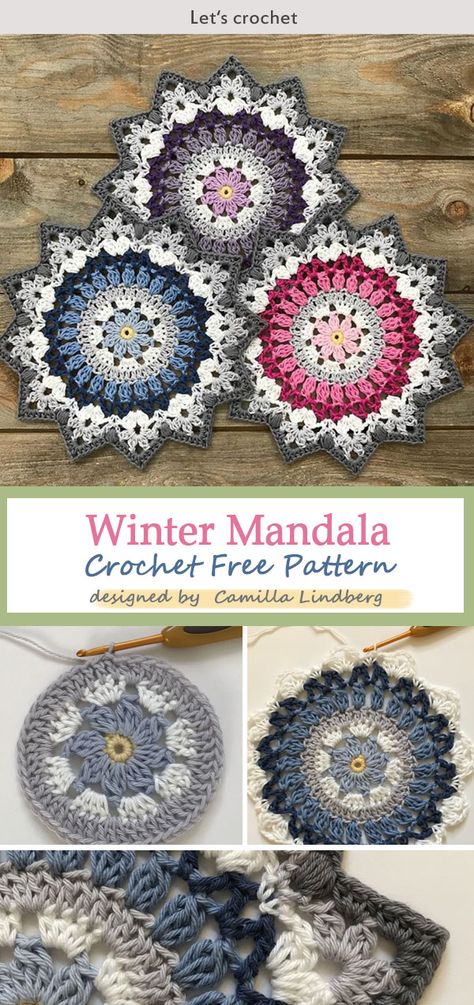 Winter Mandala Crochet Free Pattern #freecrochetpatterns #mandaladesign #flowers Mandala Crochet Coasters, Mandala Crochet Free Pattern, Art Chakra, Mandala Crochet, Free Yarn, Crochet Mandala Pattern, Crochet Winter, Crochet Square Patterns, Crochet Mandala