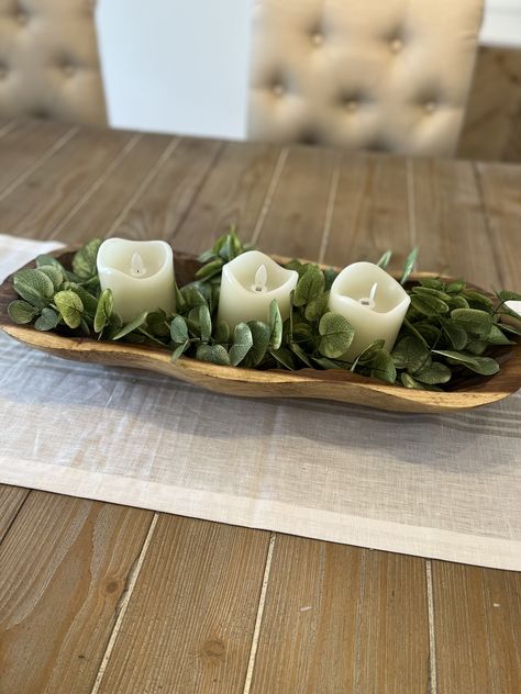 Organic Modern Centerpiece, Long Wood Bowl Centerpiece, Oblong Bowl Centerpiece, Wood Dough Bowl Decor Ideas, Modern Dough Bowl Decor, Dough Bowl Table Decor, Long Wooden Bowl Decor, Long Dining Room Table Centerpiece, Dining Table Centerpiece Everyday Modern Rectangle