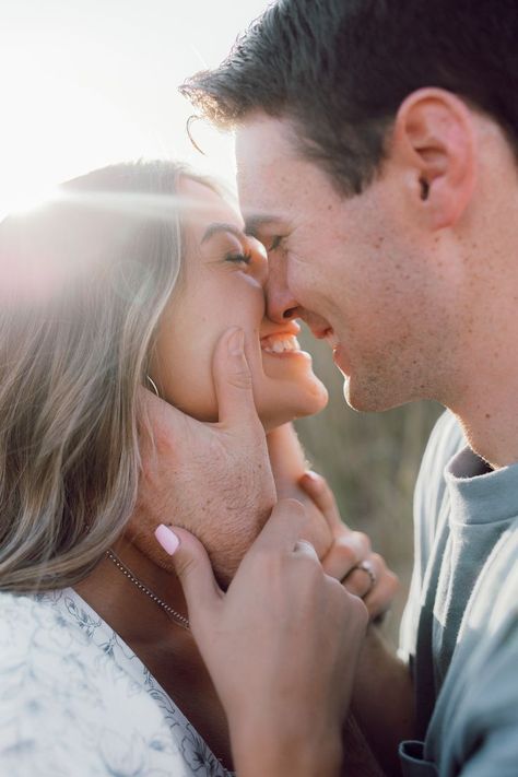 Standing Engagement Poses, Overcast Couple Photography, Engagement Photo Sunset, Engagement Photos Laughing, Smiling Engagement Pictures, Call Couples Photos, Sitting Down Engagement Photos, Engagement Photos Near Water, Engagement Photos Poses Sitting