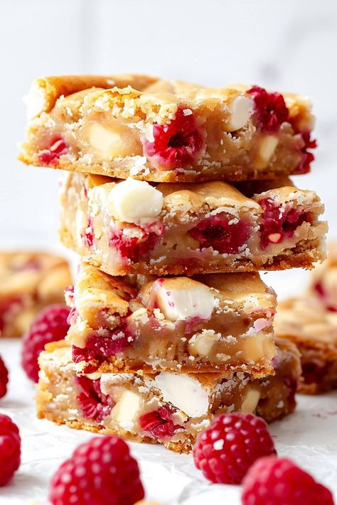 Raspberry and White Chocolate Blondies - Insanely Good Raspberry Blondies, Desserts Bars, White Chocolate Desserts, Raspberry And White Chocolate, Chocolate Blondies, White Chocolate Blondies, Raspberry Bars, Raspberry Desserts, Pure Cocoa Butter