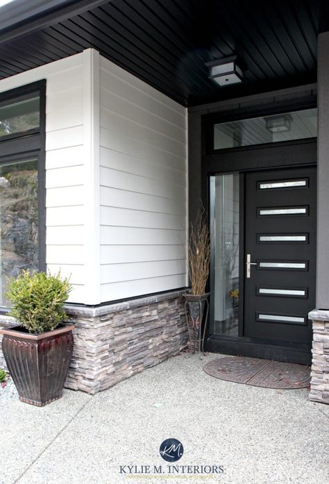 Contemporary exterior with James Hardi Cobblestone siding, black front door, soffits and stone. Kylie M INteriors E-design Cobblestone Siding, Siding Combinations, Exterior Door Designs, Black Front Door, Contemporary Front Doors, Black Front Doors, Modern Front Door, Contemporary Exterior, Exterior Remodel