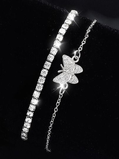 2pcs Rhinestone Butterfly Decor BraceletI discovered amazing products on SHEIN.com, come check them out! Silver Cute Jewelry, Silver Jewelry Butterfly, Cute Silver Jewelry Aesthetic, Pretty Jewellery Silver, Shein Bracelet, Pretty Silver Jewelry, Prom Bracelet, Stylish Jewelry Accessories, Hand Jewelry Rings