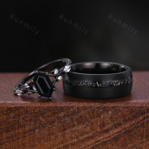 Here we have a Vintage Black Onyx Couples Ring Black Gold Matching Ring Set His and Hers Wedding Band Promise Ring For Men For Women Black Gemstone Ring ITEM DESCRIPTION ✦ Handmade, high-quality item! ✦ Material: Sterling Silver/Tungsten ►Sold as a two-piece set ►His ring is Black Gold Tungsten Carbide with meteorite inlay. ►His band width: 8mm ►His tungsten ring will not turn green itself and will not cause your skin to turn green.  ✦ Durable - Incredibly Scratch-Resistant to always look great. Matching Goth Rings, Mens Black Wedding Ring, Spooky Engagement Ring, Tattooed Wedding Rings, Black Wedding Rings Sets Couple, Black Wedding Rings For Women, Wedding Rings Gold And Silver, Dark Wedding Rings, Goth Wedding Rings