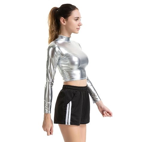 Metallic Crop Top, Silver Shirt, Mock Neck Shirt, Turtle Neck Crop Top, T Shirt Crop Top, Silver Top, Turtleneck Shirt, Cropped Tops, Performance Wear