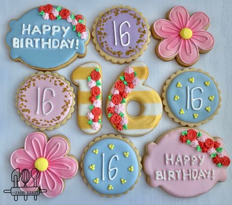 16 Birthday Cookies Decorated, 16th Birthday Cookies Girl, Sweet 16 Cookies Decorated, 16th Birthday Cookies, Sweet 16 Cookies, 16 Cookies, Cookie Birthday, Birthday Designs, Decorated Sugar Cookies