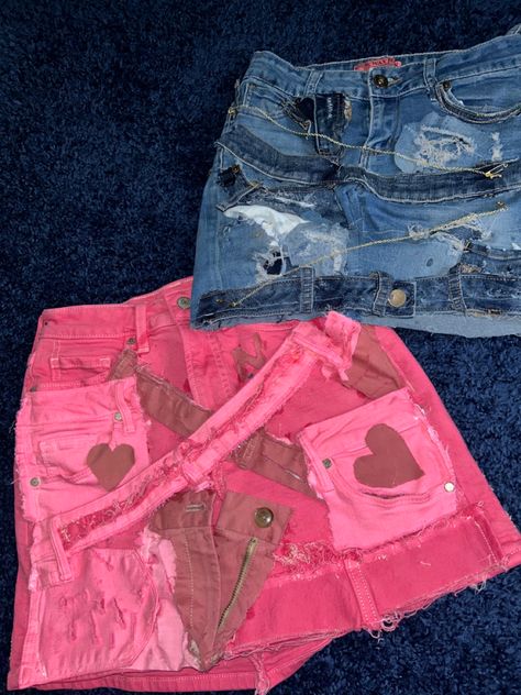 scrap skirt, custom blue jean & pink mini skirt Custom Mini Skirt, Pink Jean Skirt Outfit, Pink Denim Skirt Outfit, Custom Jean Skirt, Denim Skirt Outfit Aesthetic, Scrap Skirt, Pink Jean Skirt, Jean Skirt Outfits Summer, Red Concert