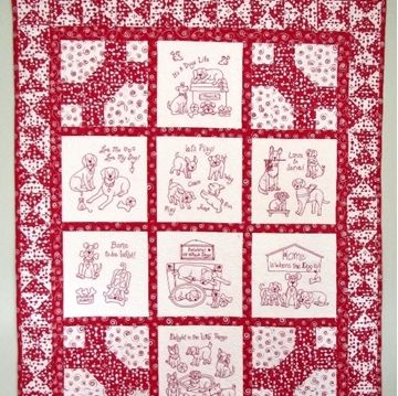 Show details for It's A Dog's Life Quilt - Machine Embroidery Embroidery Quilt Blocks, Redwork Embroidery Patterns, Bird Brain Designs, Redwork Patterns, Embroidery Quilt, Bird Brain, Fun Quilt, Red And White Quilts, Dog Quilts