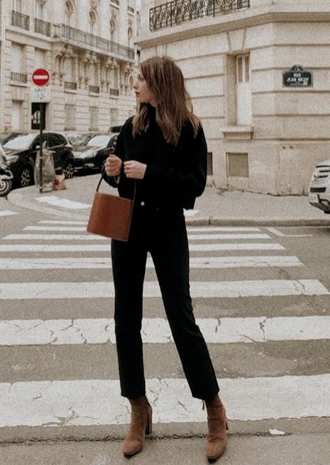 French Ankle Boots Outfit, Black Short Sleeve Sweater Outfit, Dressy Black Jeans Outfit Winter, Happy Hour Fall Outfit, Sunday Drinks Outfit, Sheer Sleeves Top Outfit, Black Jeans Classy Outfit, Brown Heeled Ankle Boots Outfit, Winter Jeans And Boots Outfits