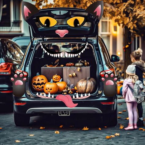 Halloween Car Decorations: Wonderful black cat face Halloween Trunk or Treat decor, including 2 huge green eyes, 2 black cat paws, 4 fangs, 2 ear, 1 tongue and 1 nose. Come with double-sided foam adhesives. Trunk or Treat Decorations: Perfect for Halloween trunk or treat decoration, archway decoration, Halloween garage door decoration, Halloween outdoor decorations. Ideal For Halloween party supplies. Nice choice for Trunk or Treat car decorations kit for SUV. Cat Trunk Or Treat Ideas For Cars, Trunk Or Treat Cat Theme, Truck Halloween Decorations, Black Cat Trunk Or Treat, Cat Trunk Or Treat, Halloween Garage Door Decorations, Cat Face Halloween, Garage Door Decorations, Halloween Car Decorations