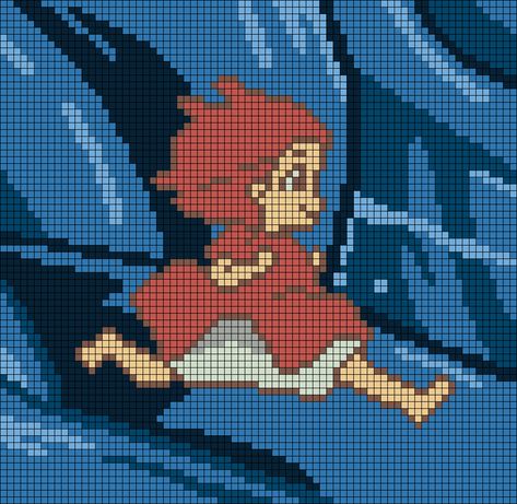 Alpha Pattern Ponyo, Ponyo Pixel Grid, Studio Ghibli Tapestry Crochet, Alpha Patterns Crochet Anime, Studio Ghibli Pixel Art Grid, Howls Moving Castle Pixel Art, Ponyo Ocean, Studio Ghibli Pixel Art, Ghibli Pixel Art