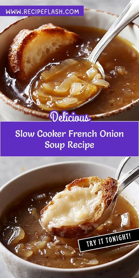 Enjoy a bowl of warmth with this Slow Cooker French Onion Soup Recipe! Featuring sweet, caramelized onions simmered to perfection, this soup is a delightful blend of flavors. Top it with gooey cheese for the ultimate comfort dish. Ideal for any soup lover, it's a recipe you'll keep coming back to! Slow Cooker French Onion Soup Recipe, French Onion Soup Recipe Slow Cooker, Slow Cooker French Onion Soup, Onion Soup Recipe, French Onion Soup Recipe, Onion Soup Recipes, Asiago Cheese, Comfort Dishes, Gooey Cheese