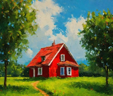 Paintings Of Homes On Canvas, Gouache Painting Landscape, House Painting Canvas, House Painting Art, Paintings Of Houses, Painting Of House, Painted Bricks, Watercolor House Painting, Whimsical Art Paintings