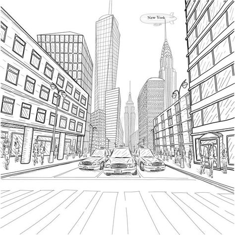 One Perspective Drawing, 1 Point Perspective Drawing, New York Drawing, Skyline Drawing, 1 Point Perspective, Cityscape Drawing, New York Buildings, Perspective Drawing Architecture, City Sketch