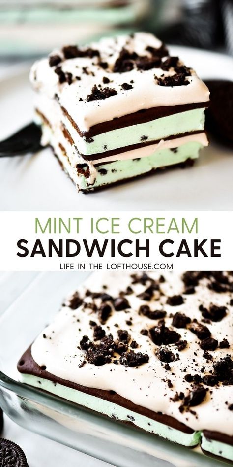 Chocolate Chip Ice Cream Sandwich, Mint Ice Cream Cake, Mint Chocolate Chip Ice Cream Cake, Ice Cream Sandwich Cake Recipe, Ice Cream Sandwich Dessert, Cream Sandwich Cake, Mint Chocolate Ice Cream, Peppermint Ice Cream, Ice Cream Sandwich Cake