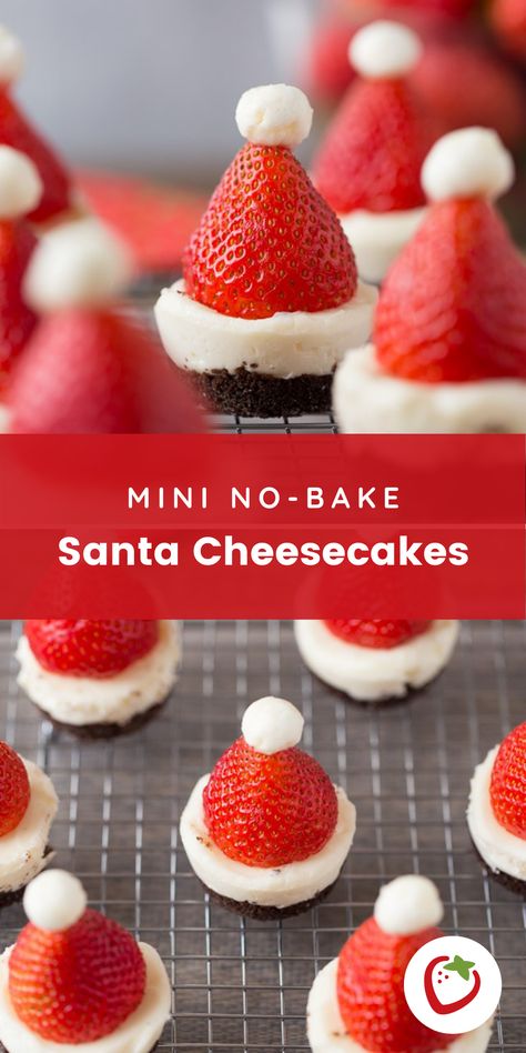 Mini Santa Cheesecakes, Strawberry Cheesecake Santa Hats, Santa Cheesecake Bites, Mini Santa Hat Cheesecakes, Santa Cheesecake Hats, No Bake Cheesecake Christmas, Cheesecake Santa Hats, Christmas Desserts Cheesecake, Santa Cheesecake