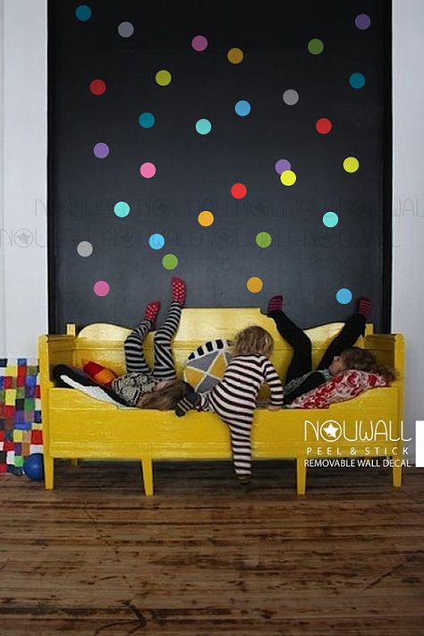 Colorful Polka Dots Wall Decal  wallpaper Removable Wall Yellow Bed, Decal Wallpaper, Polka Dot Wall Decals, Polka Dot Walls, Classroom Decor Themes, Nursery Decals, Beautiful Nursery, Removable Wall Stickers, Dark Wall