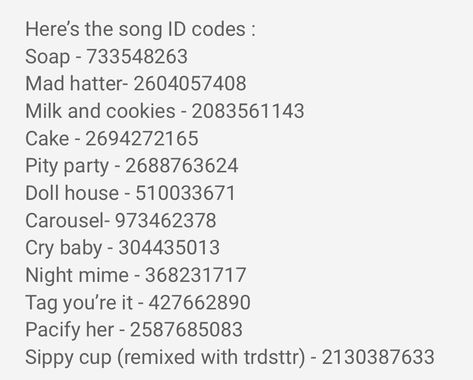 Roblox song ids! #roblox #robloxsongid #bloxburg #music Working Roblox Music Codes 2024, Royal High Song Id Codes, Clip It Song Codes, Adopt Me Music Codes 2024, Royale High Music Id Codes, Adopt Me Music Codes, Roblox Free Codes, Roblox Song Id Codes Not Copyright 2023, Roblox Song Id Codes 2024