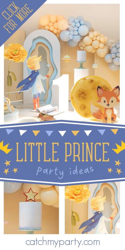 Take a look at this wonderful Little Prince-themed birthday party! The party decorations are amazing! See more party ideas and share yours at CatchMyParty.com Prince The Artist Themed Party, Little Prince, Little Prince Birthday Theme, The Little Prince Birthday Theme, Le Petit Prince Birthday Party, Le Petit Prince Party, The Little Prince Baby Shower Theme, Prince Party Theme, Vintage Tea Party Birthday