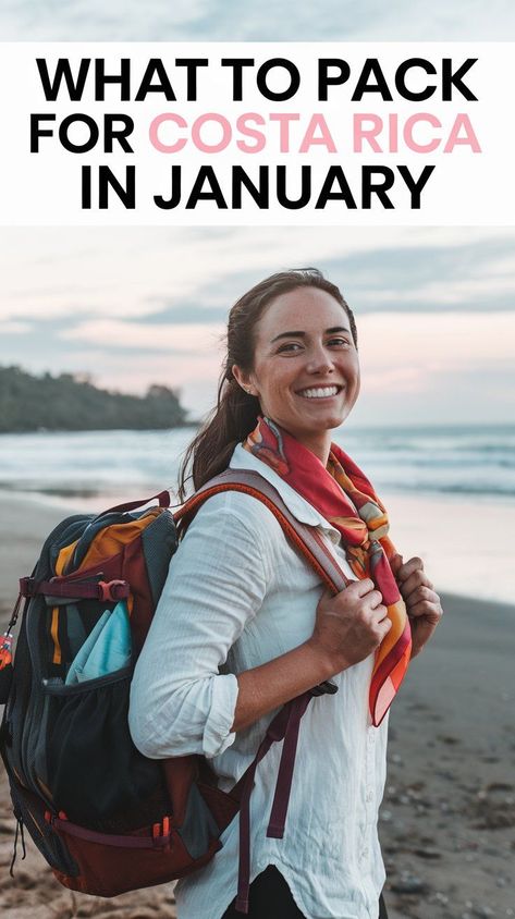 Female solo traveler in Costa Rica during the summer. She is standing on a beach with the ocean in the background. She is wearing a white shirt and a red and orange scarf. She is holding a backpack. The text on the image says "What to Pack for Costa Rica in January". Packing For Costa Rica, Costa Rica Hiking, Costa Rica Packing List, Costa Rica Outfit, Costa Rica Packing, Pack For Costa Rica, Costa Rico, January Outfits, Beach Vacation Packing