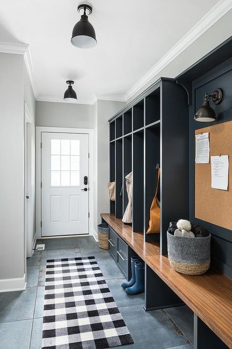 Black Check Runner on Slate Mudroom Floor - Transitional - Laundry Room Functional Mudroom, Mudroom Flooring, Slate Tile Floor, Design Hall, Mud Room Entry, Mudroom Entryway, Mudroom Decor, Mudroom Laundry Room, Mud Rooms