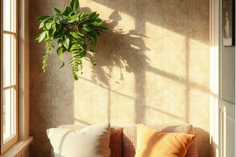 Hanging plant casting shadow on a sunlit wall above a couch with orange and beige pillows. Top Wallpaper, Modern Wallpaper Designs, Latest Wallpaper, By Wallpaper, Tøp Wallpaper, Trending Paint Colors, 80s Design, Modern Color Palette, Latest Wallpapers