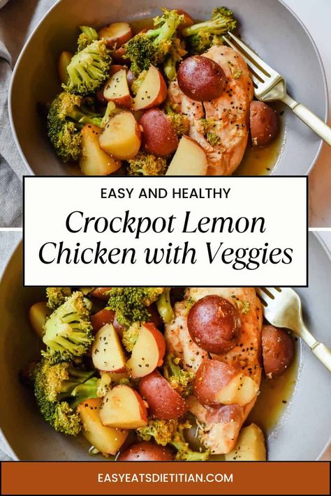 If you're looking for an easy easy and healthy meal your whole family will love, look no further than my crockpot lemon garlic butter chicken with potatoes and broccoli. This dish is not only absolutely delicious, but it's balanced and comes together with minimal effort! #fallrecipes #crockpot #crockpotrecipes #slowcooker #slowcookerrecipes #fall #easydinners #easydinnerideas #healthydinnerrecipes #healthydinner Chicken Potato Broccoli Crockpot, Crockpot Chicken Healthy Clean Eating, Crockpot Chicken Potatoes And Broccoli, Crock Pot Chicken And Vegetables, Chicken And Broccoli Recipes Crockpot, Lemon Chicken Crockpot Recipes, Crockpot Chicken And Broccoli Recipes, Chicken And Veggies Crockpot, Crockpot Lemon Garlic Butter Chicken