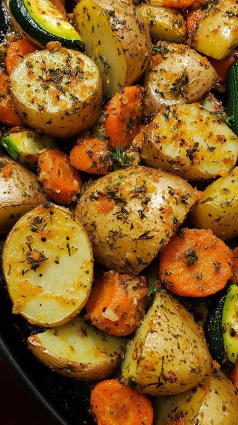 Garlic Herb Roasted Potatoes Carrots & Zucchini Recipe Romantic Side Dishes, Roast Vegetables Recipe, Roasted Potatoes And Veggies, Potatoes With Vegetables, Recipes With Carrots, Garlic Herb Roasted Potatoes, Roasted Potatoes Carrots, Hawaiian Banana Bread, Roasted Winter Vegetables