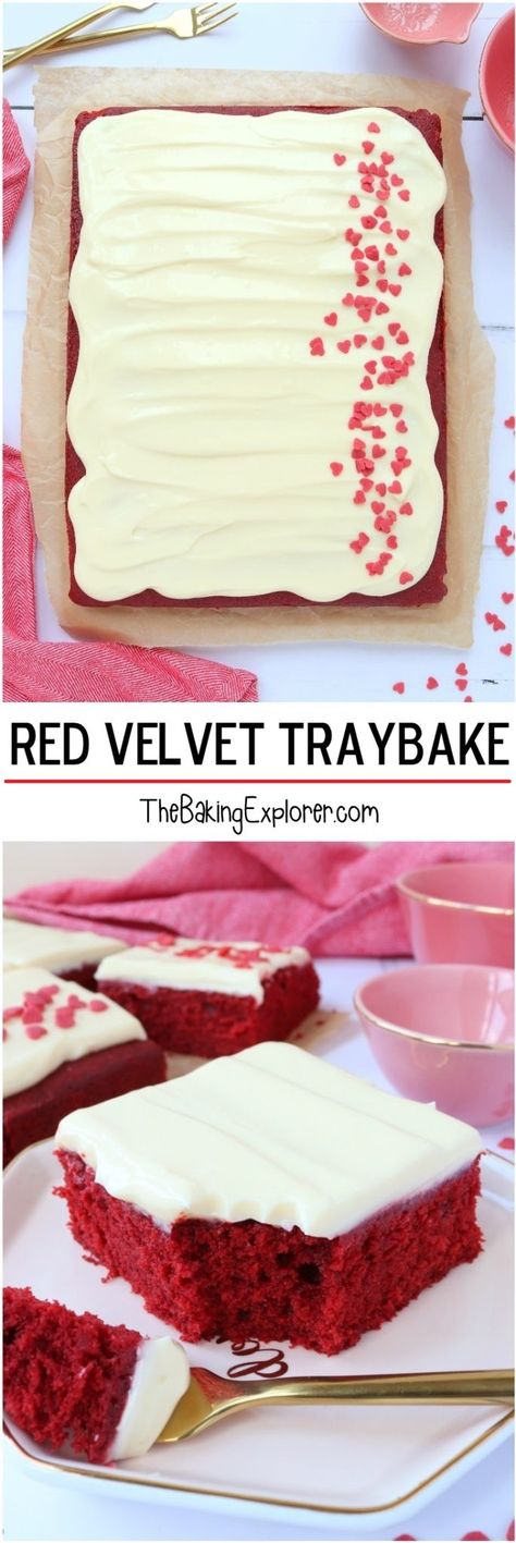 Red Velvet Traybake - The Baking Explorer Tray Cakes Ideas, Easy Traybake Recipes, Valentines Bakes, Tray Bake Cakes, School Puddings, Jubilee Cakes, Valentine Baking, Traybake Recipes, Traybake Cake