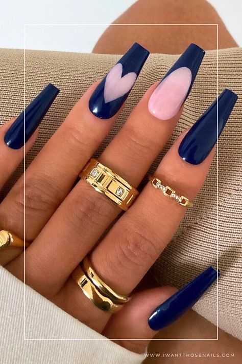 blue valentines day nails designs Dark Blue Nails Coffin, 18th Nails, Navy Nails Design, Navy Blue Nail Designs, Black And Blue Nails, Nail Parlour, Blue Coffin Nails, Fall Acrylic, Dark Blue Nails