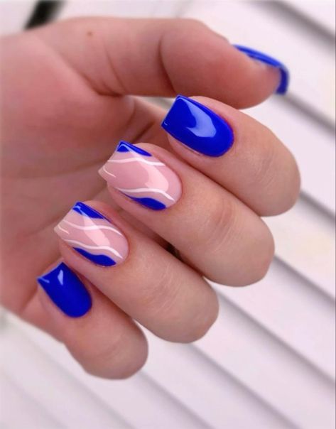 Short Trendy Nails Blue, Cute Short Nails Ideas Simple Gel, Blue Nails Designs Square, Blue Nail Designs For Prom, Cute Royal Blue Nails Short, Royal Blue Nails Short Design, Royal Blue Nail Ideas Short, Royal Blue Nails Designs Short Square, Blue Short Nails Design