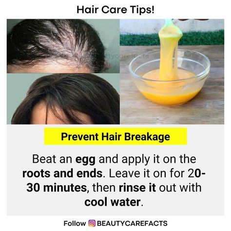 Directions: ✅Crack one or two eggs into a bowl and beat them until the yolks and whites are fully combined. ✅Dampen your hair with warm water to make it easier to apply the egg mixture. ✅Apply mixture to your hair, focusing on the roots and ends, and massage it gently into your scalp. ✅Then cover your hair with a shower cap. ✅Leave the egg mixture on your hair for 20-30 minutes. ✅After 20-30 minutes, rinse your hair thoroughly with cool water. ✅Shampoo and condition your hair, as usual. Shower Cap, Hair Breakage, The Egg, The Roots, Hair Care Tips, A Bowl, Care Routine, Warm Water, 30 Minutes