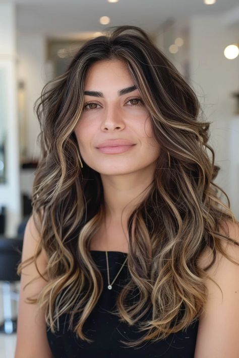 Brunette Foil Highlights, Balayage For Long Dark Brown Hair, Full Highlights For Black Hair, Rooted Highlights On Dark Hair, Fall Hair Balayage Brunettes, Light Brown Hair With Dark Lowlights, Light Brown Hair With Babylights, Highlights Color Ideas, Long Highlighted Hair