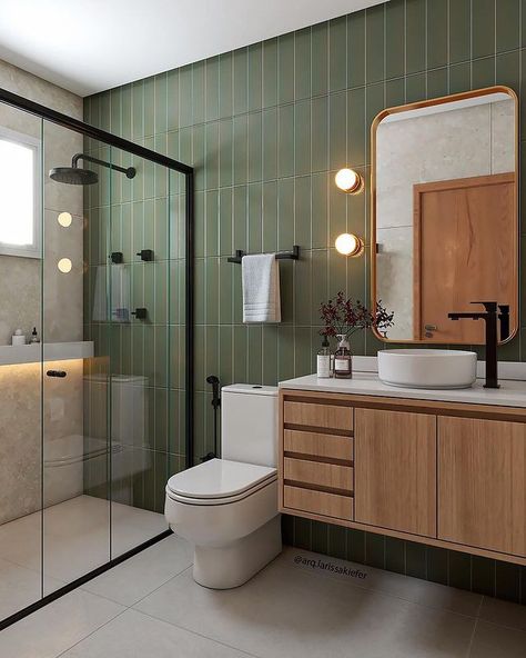 Bathroom Ideas Small With Bath, Mid Century Modern Toilet Room, Raili Clasen Bathroom, Bathroom 60s Style, Boho Mid Century Bathroom, Midcentury Modern Master Bathrooms, Small Bathroom Ideas Mid Century Modern, Sink And Toilet On Same Wall, Green Bathroom Design Ideas