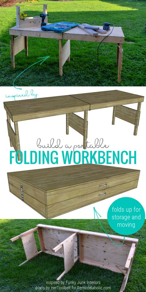 This portable folding workbench plan can also double as a large table for an outdoor wedding or other gathering! Extends to 8 feet, then folds up to just 4 ft wide and about 8" deep for storage and portability. Save space in your garage (so you can still park the car) while having the workspace you need for your weekend projects. #weekendDIY #foldingworkbench #diytable Workbench On Wheels, Scrap Wood Diy, Diy Winter Wonderland, Workbench Plan, Using Scrap Wood, Spring Diy Projects, Portable Workbench, Folding Workbench, Chic Office Decor