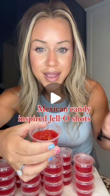 Janelle Rohner on Instagram: "Save and send this recipe to a friend!  Mexican candy inspired jello shots, OMG these are amazing!!! My sister in law Ashlee made these at a family party and we all went nuts for them!   4 cups boils water  2 (6oz boxes) stawberry jello 3 cups spicy tamarind vokda  1 cup chamoy sauce   Add tajin to each mini cup and add the liquid, let them set up in the fridge for 4-6 hours and enjoy. #jelloshots #partydrinks #summerrecipes #4thofjuly" Jello Shots For Wedding Reception, Mangonada Jello Shots, Chamoy Jello Shots, Tajin Jello Shots, Mexican Jello Shots, How To Make Jello Shots, Mexican Candy Jello Shot Recipes, Mexican Jello Shots With Tajin, Mexican Candy Jello Shots