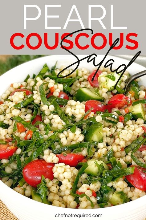 Salad with pearl couscous in a white bowl with a spoon and dill. Couscous Salad Recipes Cold, Pearl Couscous Recipes, Easy Dinner Sides, Pearl Couscous Salad, Lemon Vinaigrette Dressing, Couscous Salad Recipes, Moroccan Couscous, Pearl Couscous, Easy Dinner Casseroles