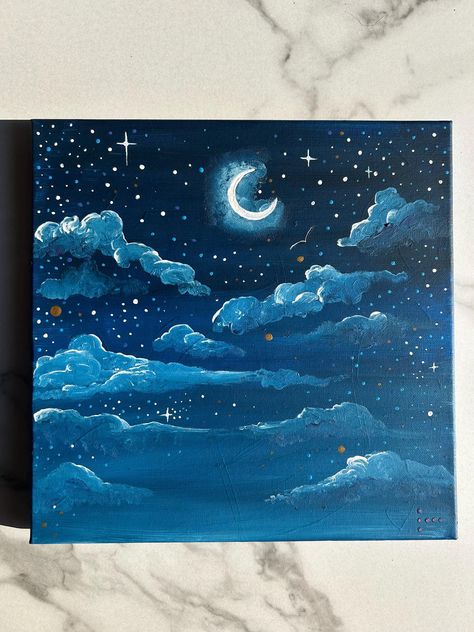 This 12"X9"X0.5" repurposed original painting was painted with acrylic paint on stretched canvas in Pensacola, FL.  It is also sprayed with a protective non-yellowing coating. This piece is magical and dreamy. Perfect for dreamers and lovers of the night sky! Sky Night Painting, Moon Stars Painting, Sky Aesthetic Painting, Acrylic Painting Night Sky, Nighttime Painting, How To Paint Stars, Mini Scenery Painting, Canvas Painting Scenery, Night Sky Painting Easy