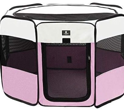 Puppy playpen dimensions: 29.5”(Diameter) x 15.5" (Height), please measure your pets before purchase The foldable pet playpen comes with a convenient carry case for easy storage and portability The pet kennel has 1 oxford cloth side pocket for easy storage, 1 mesh pocket to store water bottle and removable top cover The pet crate made of durable 600D oxford fabric and 8 mesh panels, makes it good ventilation and easy to check pet status. Cat Playpen, Puppy Playpen, Cat Tent, Pet Playpen, Pet Kennels, Dog Playpen, Pink Puppy, Pet Crate, Cat Condo