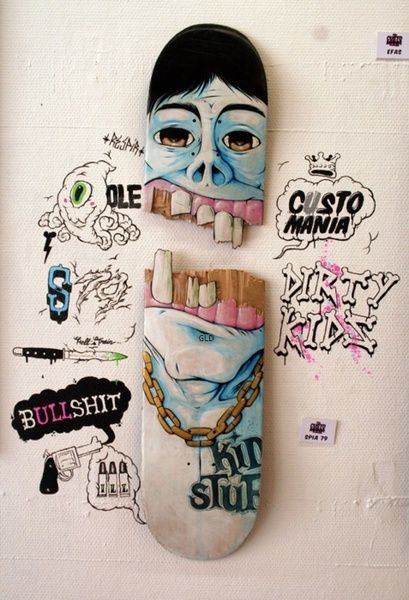 Skate Decks Art, Broken Skateboard Ideas, Skateboard Art Aesthetic, Diy Skateboard Art, Griptape Art, Skate Poster, Broken Skateboard, Skateboard Furniture, Weird Face