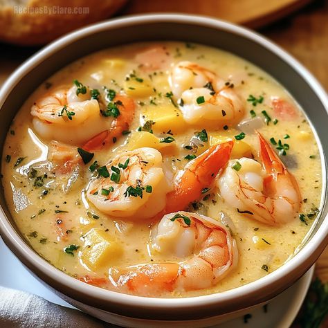 This creamy shrimp chowder is packed with tender potatoes, Swiss and cheddar cheeses, and shrimp, offering a warm and comforting meal. Shrimp Tortellini Soup, Shrimp Stew Recipes, Cream Of Shrimp Soup, Purple Velvet Cake, Lobster Chowder, White Chocolate Cream Cheese Frosting, Shrimp Soup Recipes, Soup With Shrimp, Shrimp Chowder