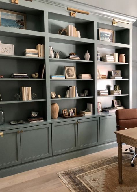 Wallpaper Built In Shelves Office, Blue Library Shelves, Bookcase In Dining Room Ideas, Built In Colors, Office And Library Combo, Blue Built Ins, Fall Landscape Ideas, Built In Library Wall, Floor To Ceiling Bookcase