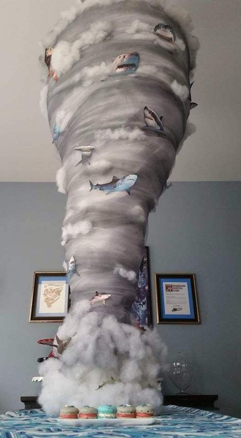 Shark Week Decor, Tornado Balloons, Tornado Birthday Party Decorations, Tornado Decoration, Diy Shark Party Decorations, Sharknado Cake, Fournado Birthday Party, Jaws Decor, Jaws Halloween