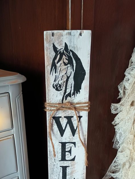 Western Welcome Sign, Happy Hobbies, Horse Doors, Cut Nails, Ranch Farmhouse, Ranch Horse, Front Porch Signs, How To Cut Nails, Hand Stencil